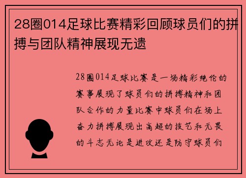 28圈014足球比赛精彩回顾球员们的拼搏与团队精神展现无遗