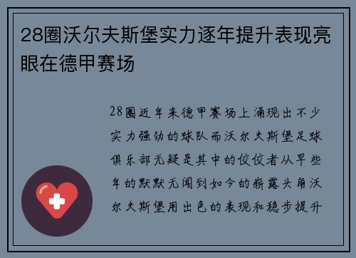 28圈沃尔夫斯堡实力逐年提升表现亮眼在德甲赛场
