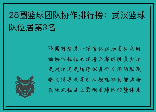 28圈篮球团队协作排行榜：武汉篮球队位居第3名