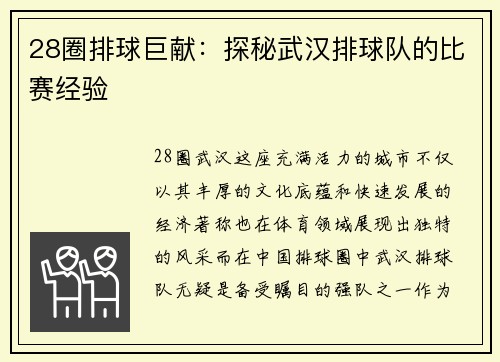 28圈排球巨献：探秘武汉排球队的比赛经验