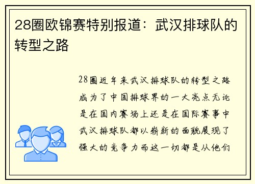 28圈欧锦赛特别报道：武汉排球队的转型之路