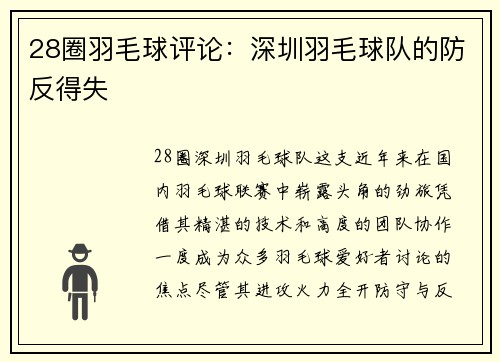 28圈羽毛球评论：深圳羽毛球队的防反得失