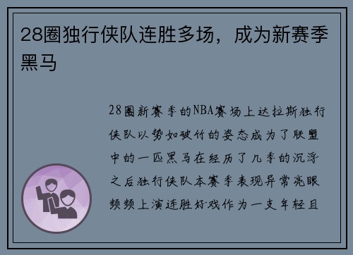 28圈独行侠队连胜多场，成为新赛季黑马