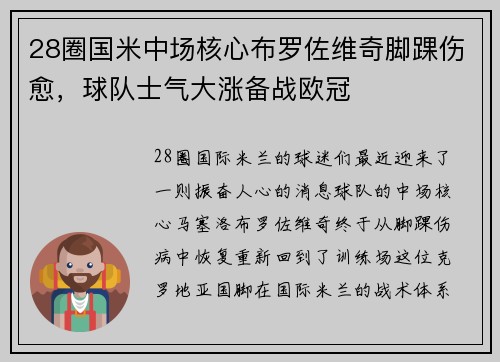 28圈国米中场核心布罗佐维奇脚踝伤愈，球队士气大涨备战欧冠