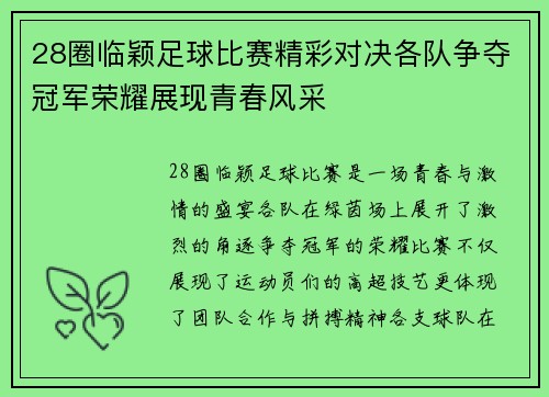 28圈临颖足球比赛精彩对决各队争夺冠军荣耀展现青春风采