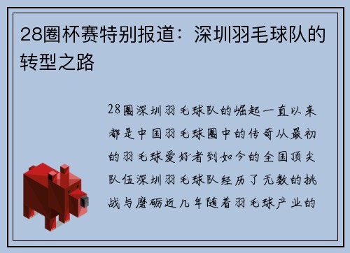 28圈杯赛特别报道：深圳羽毛球队的转型之路